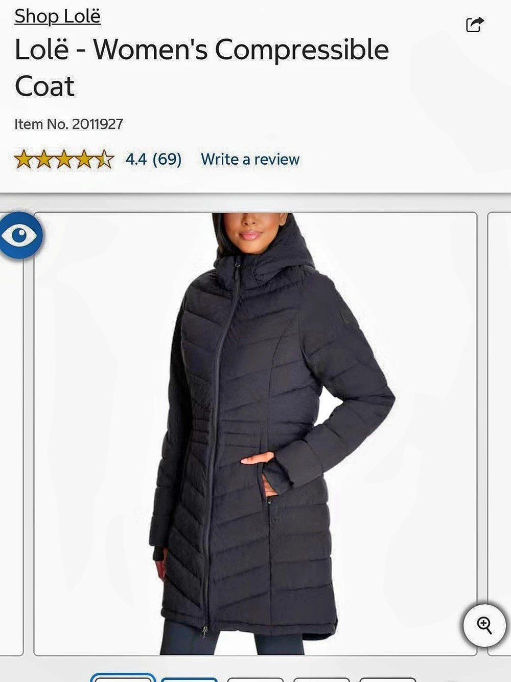 Lolë Compressible Coat Puffer Coat in Black NWT